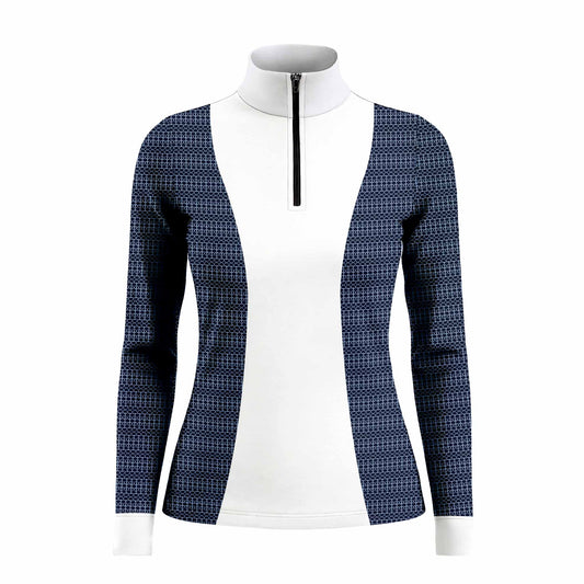 Studio white‑background product mockup of women’s light‑blue side‑spliced long‑sleeve quarter‑zip riding top with white central panel and fence‑grid geometric print