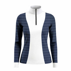 Studio white‑background product mockup of women’s light‑blue side‑spliced long‑sleeve quarter‑zip riding top with white central panel and fence‑grid geometric print