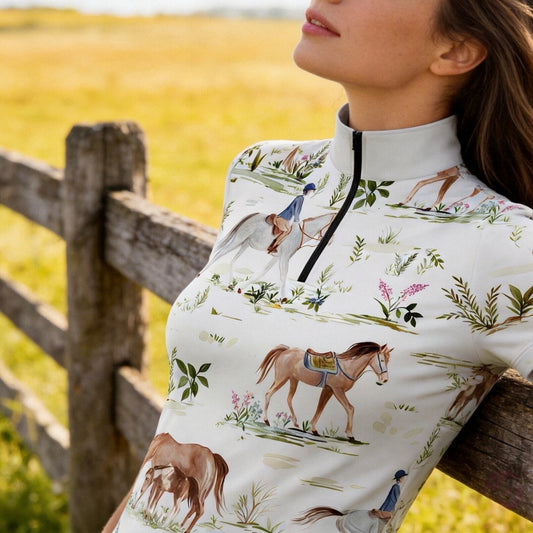 Off White Soft Watercolor Pasture Mare Foal Trail Rider Floral Ditsy Print Short-Sleeve Quarter-Zip Riding Top