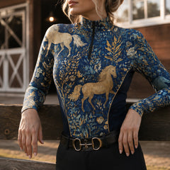 RIDER ATELIER Midnight Blue Mythical Horse And Floral Long-Sleeve Quarter-Zip Riding Top