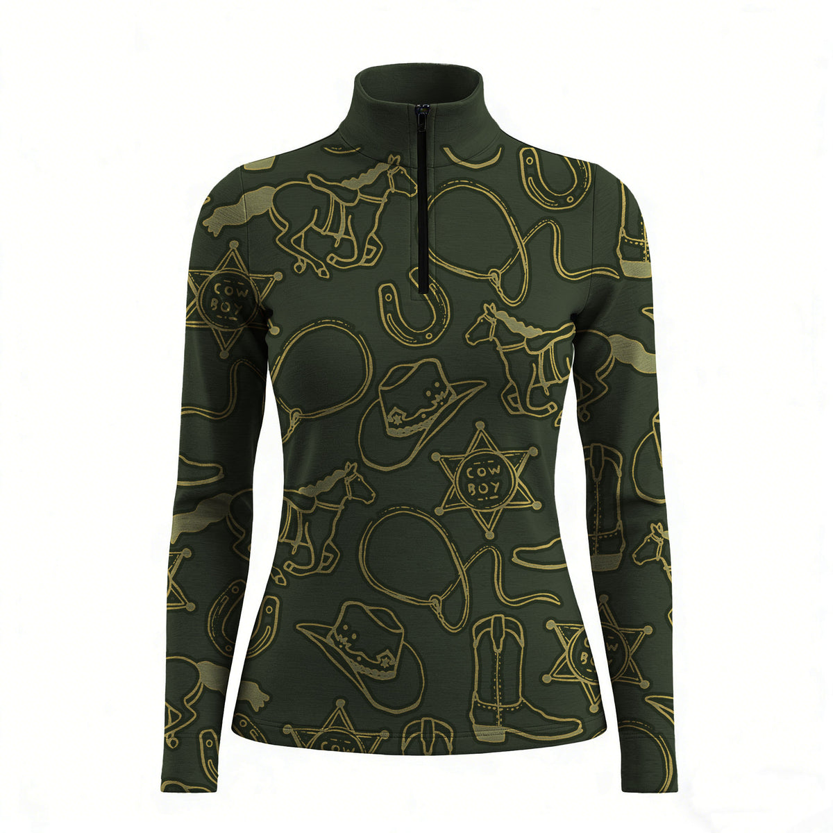 RIDER ATELIER Cowboy Western Equestrian Quarter-Zip Top | Olive Green Riding Shirt