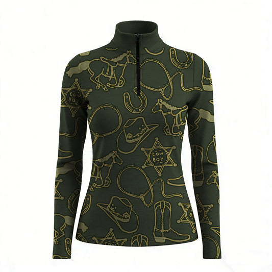 RIDER ATELIER Cowboy Western Equestrian Quarter-Zip Top | Olive Green Riding Shirt