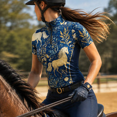 Blue Gold Mythical Horse Floral Print Short-Sleeve Quarter-Zip Riding Top