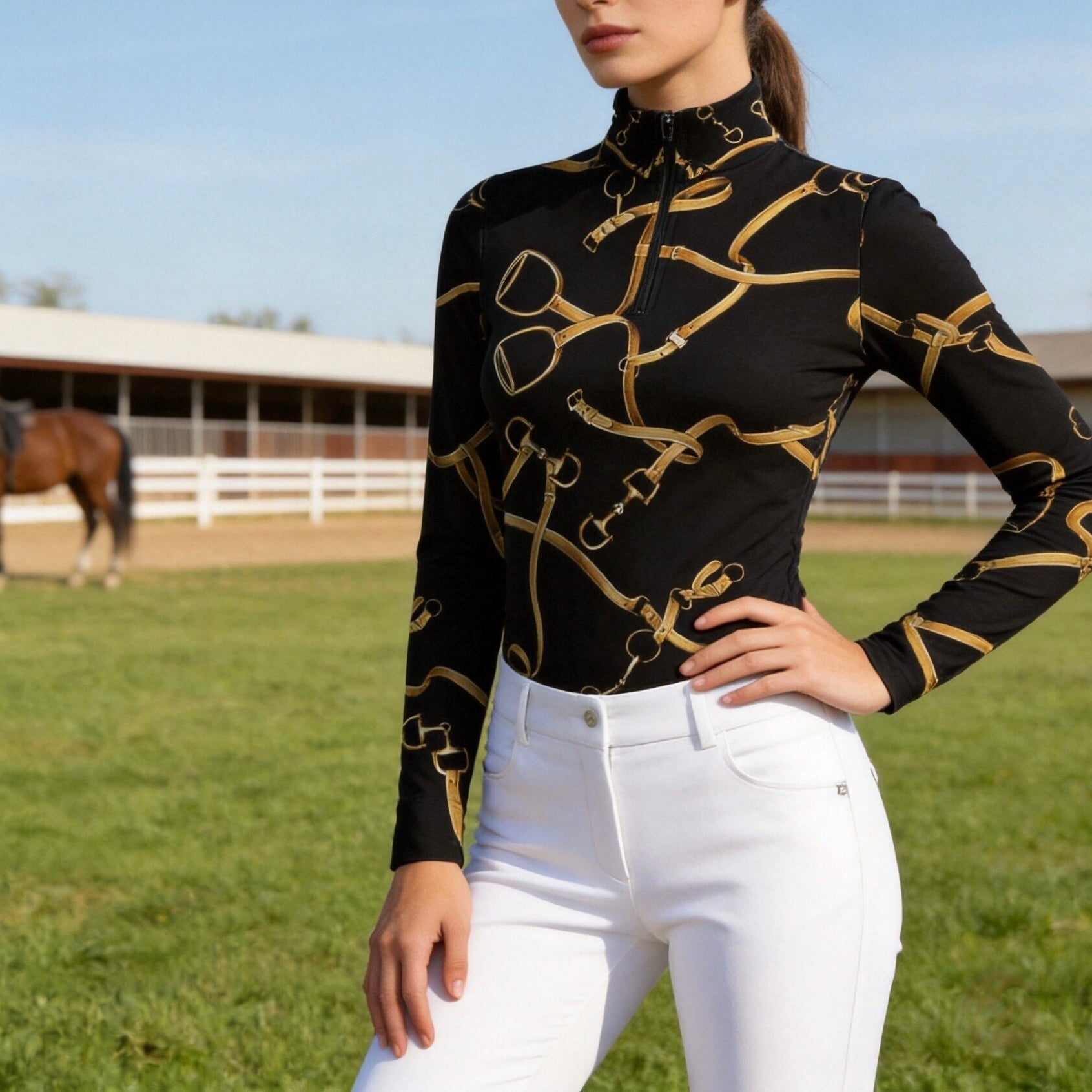 Outdoor grass barn‑field lifestyle shot of female equestrian wearing black golden bridle stirrup‑print long‑sleeve riding top
