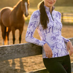 RiderAtelier Women's Floral Horse Sketch Allover Print 1/4 Zip Equestrian Top | Available in Pink & Gray