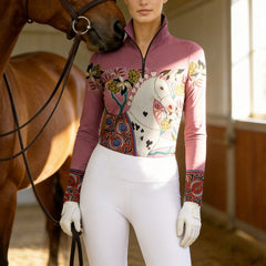 RIDER ATELIER Artisan Dala Horse Equestrian Quarter-Zip Top | Dusty Rose Riding Shirt