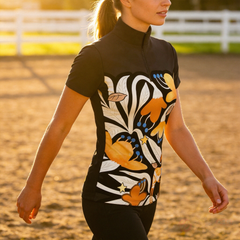Solid Black Folk Art Orange Floral Star Decorative Horse Full Print Short-Sleeve Quarter-Zip Riding Top