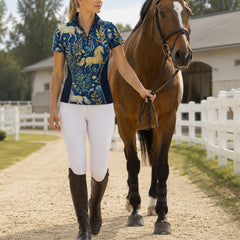 Blue Gold Mythical Horse Floral Print Short-Sleeve Quarter-Zip Riding Top