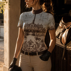 Studio white‑background product mockup of women’s burgundy collar vintage French chateau equestrian blueprint art all‑over‑print short‑sleeve quarter‑zip riding top