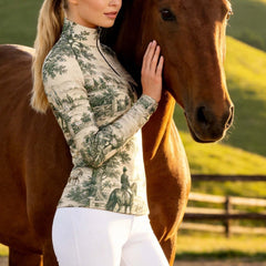 Green Vintage Toile Equestrian Landscape Print Long-Sleeve Quarter-Zip Riding Top