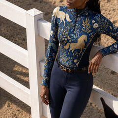 RIDER ATELIER Midnight Blue Mythical Horse And Floral Long-Sleeve Quarter-Zip Riding Top