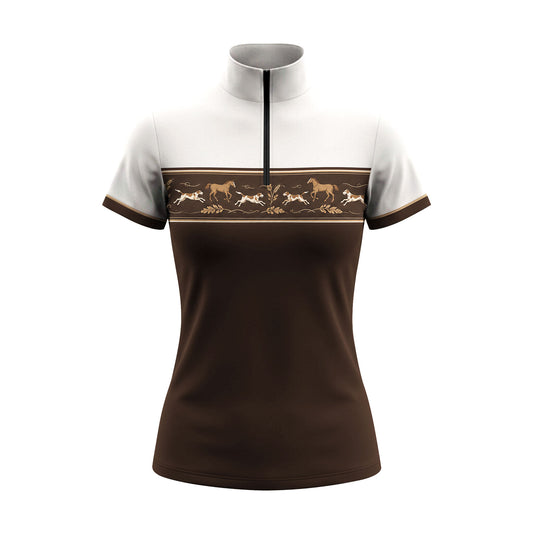 Brown White Vintage Running Horse And Hunting Dog Border Print Short‑Sleeve Quarter‑Zip Riding Top