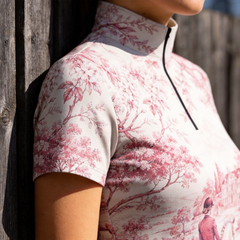 Blue Delft Style Toile Equestrian Manor Print Short-Sleeve Quarter-Zip Riding Top