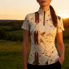 Cream Base Equestrian Horse Bit Bridle Tassel All‑Over Print Short‑Sleeve Quarter‑Zip Riding Top | Free Matching Design Scarf Gift