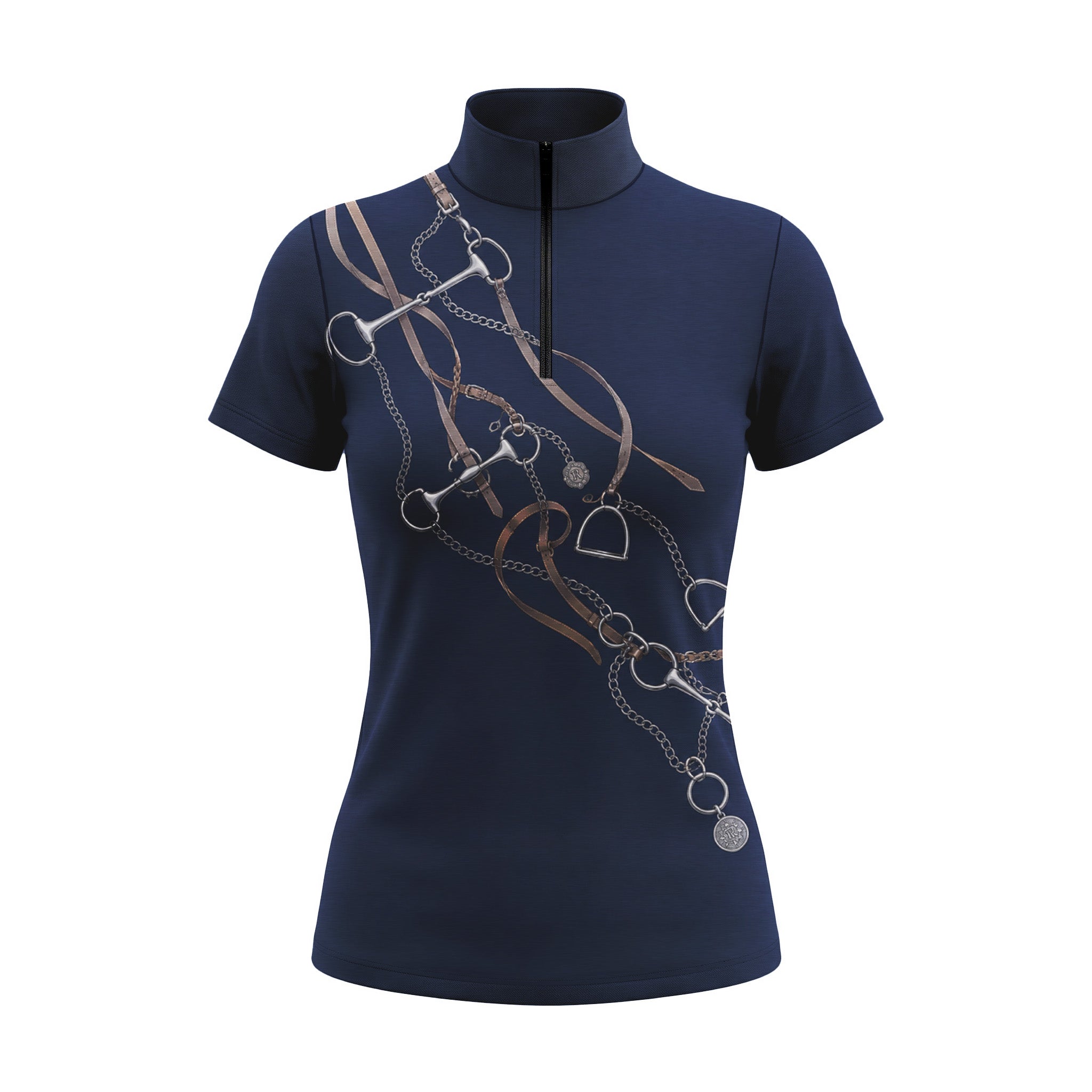 Clean white background studio mockup of navy equestrian bit stirrup tack print short sleeve quarter-zip riding top