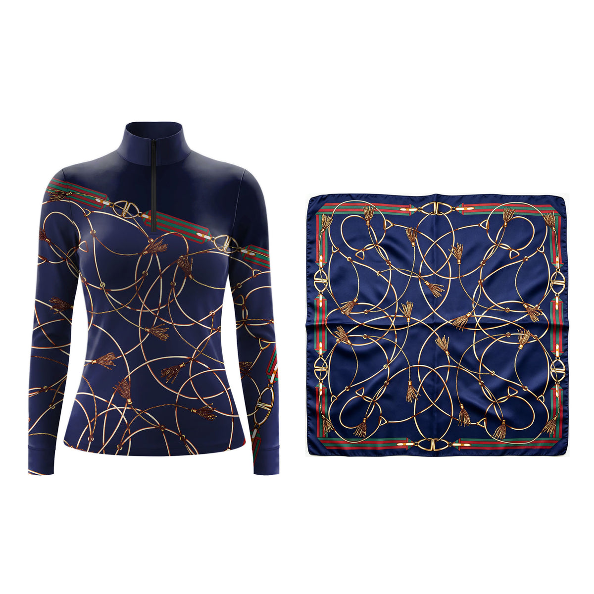 Navy Equestrian Bit Chain Tassel Scarf‑Print Long‑Sleeve Quarter‑Zip Riding Top | Free Matching Design Scarf Gift