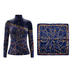 Navy Equestrian Bit Chain Tassel Scarf‑Print Long‑Sleeve Quarter‑Zip Riding Top | Free Matching Design Scarf Gift
