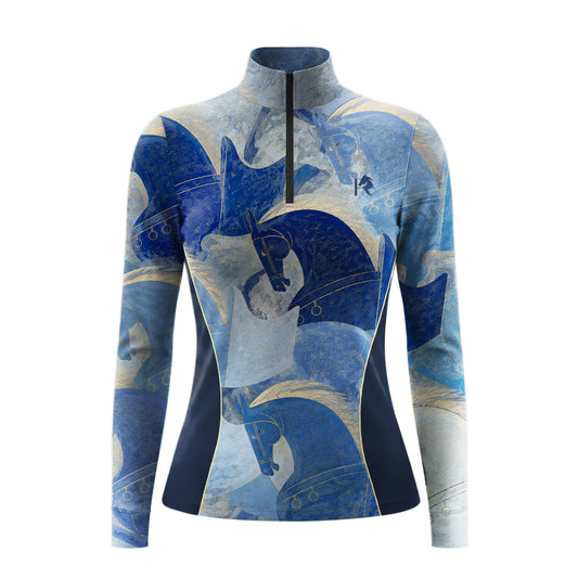 Vintage Fresco War‑Horse Art Print Long‑Sleeve Quarter‑Zip Riding Top