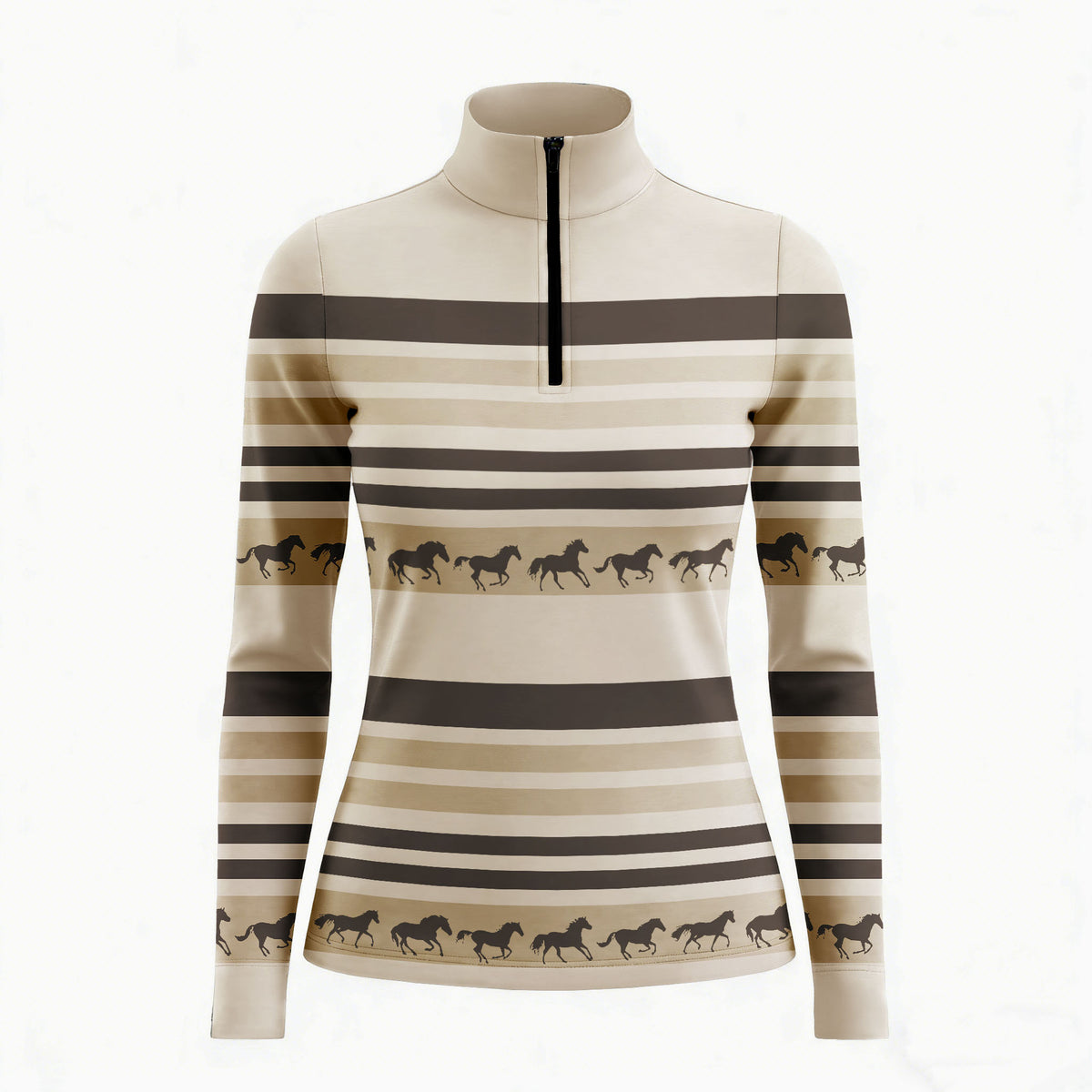 Multi‑Color Stripe Galloping Horse Silhouette Print Long‑Sleeve Quarter‑Zip Riding Top