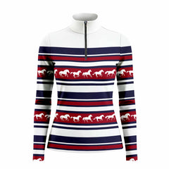 Multi‑Color Stripe Galloping Horse Silhouette Print Long‑Sleeve Quarter‑Zip Riding Top