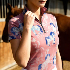 RIDER ATELIER Pink Cartoon Pony Print Short-Sleeve Quarter-Zip Riding Top