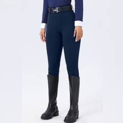 Navy riding pants with black boots on a white background