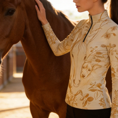 Cream Base Sketch Horse & Whippet Dog With Wild Botanical Floral Long‑Sleeve Quarter‑Zip Riding Top
