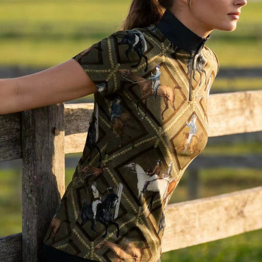 Vintage Equestrian Scene Short Quarter-Zip Top | Classic Horse Riding Shirt