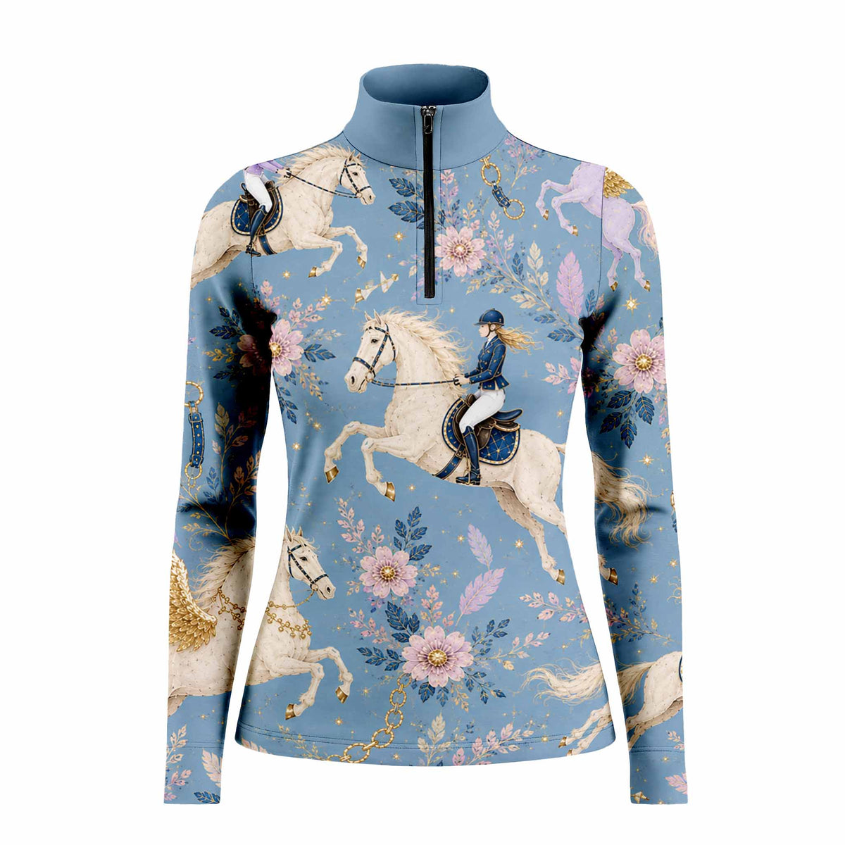 Studio white‑background product mockup of women’s dusty‑blue fairytale equestrian rider pegasus floral star all‑over‑print long‑sleeve quarter‑zip riding top