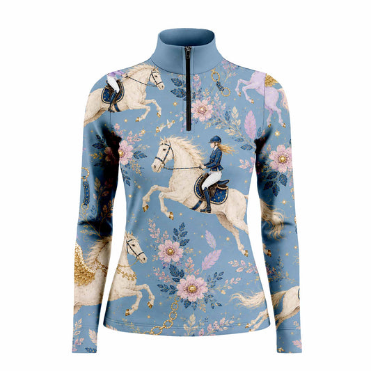Studio white‑background product mockup of women’s dusty‑blue fairytale equestrian rider pegasus floral star all‑over‑print long‑sleeve quarter‑zip riding top