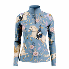 Studio white‑background product mockup of women’s dusty‑blue fairytale equestrian rider pegasus floral star all‑over‑print long‑sleeve quarter‑zip riding top