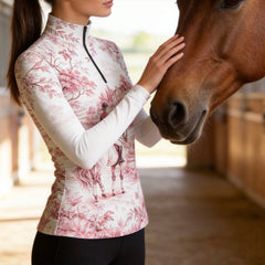 Blue French Toile Manor Equestrian Rider Scene Allover Print Long-Sleeve Quarter-Zip Riding Top