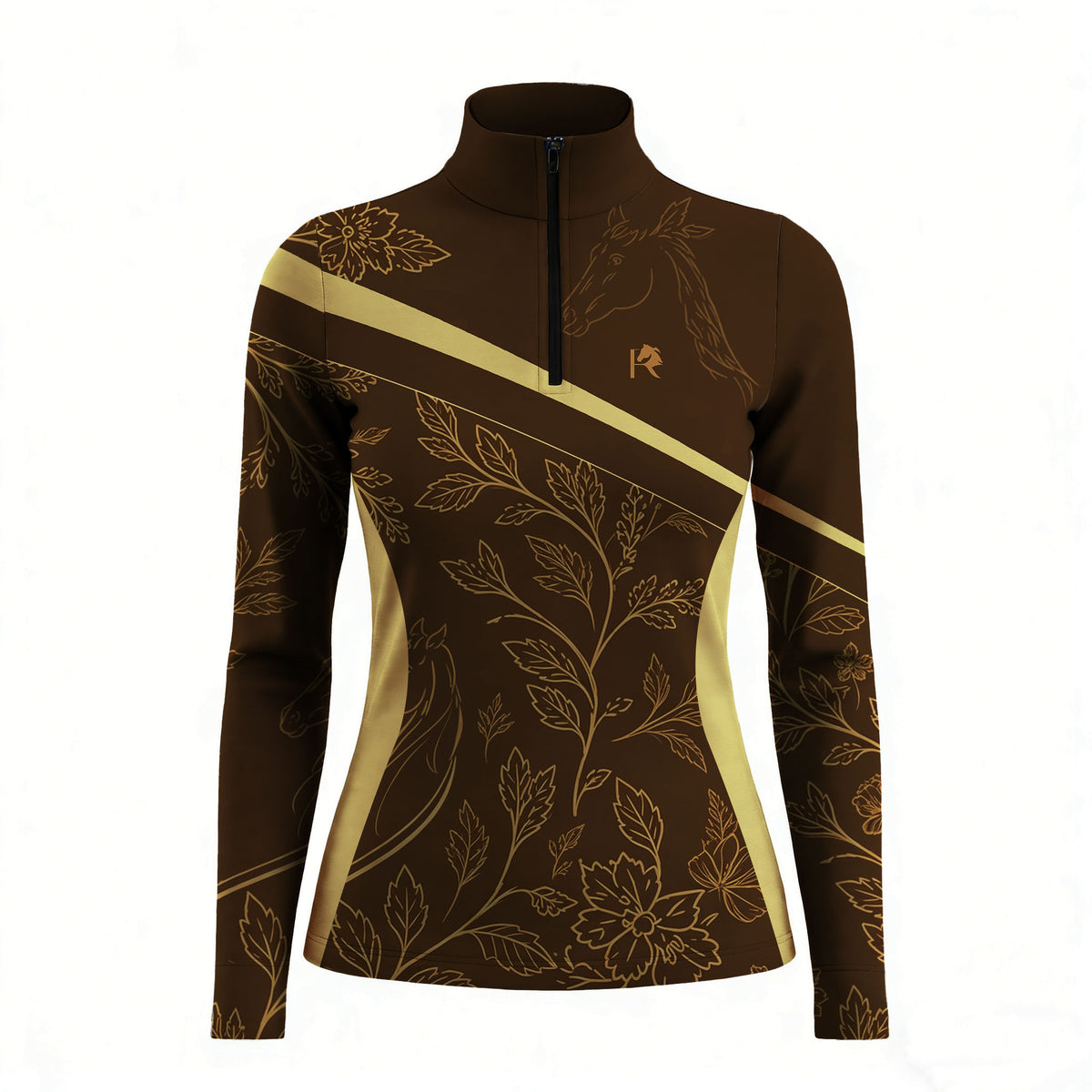 RIDER ATELIER Brown Floral Horse Sketch Print Long-Sleeve Quarter-Zip Riding Top
