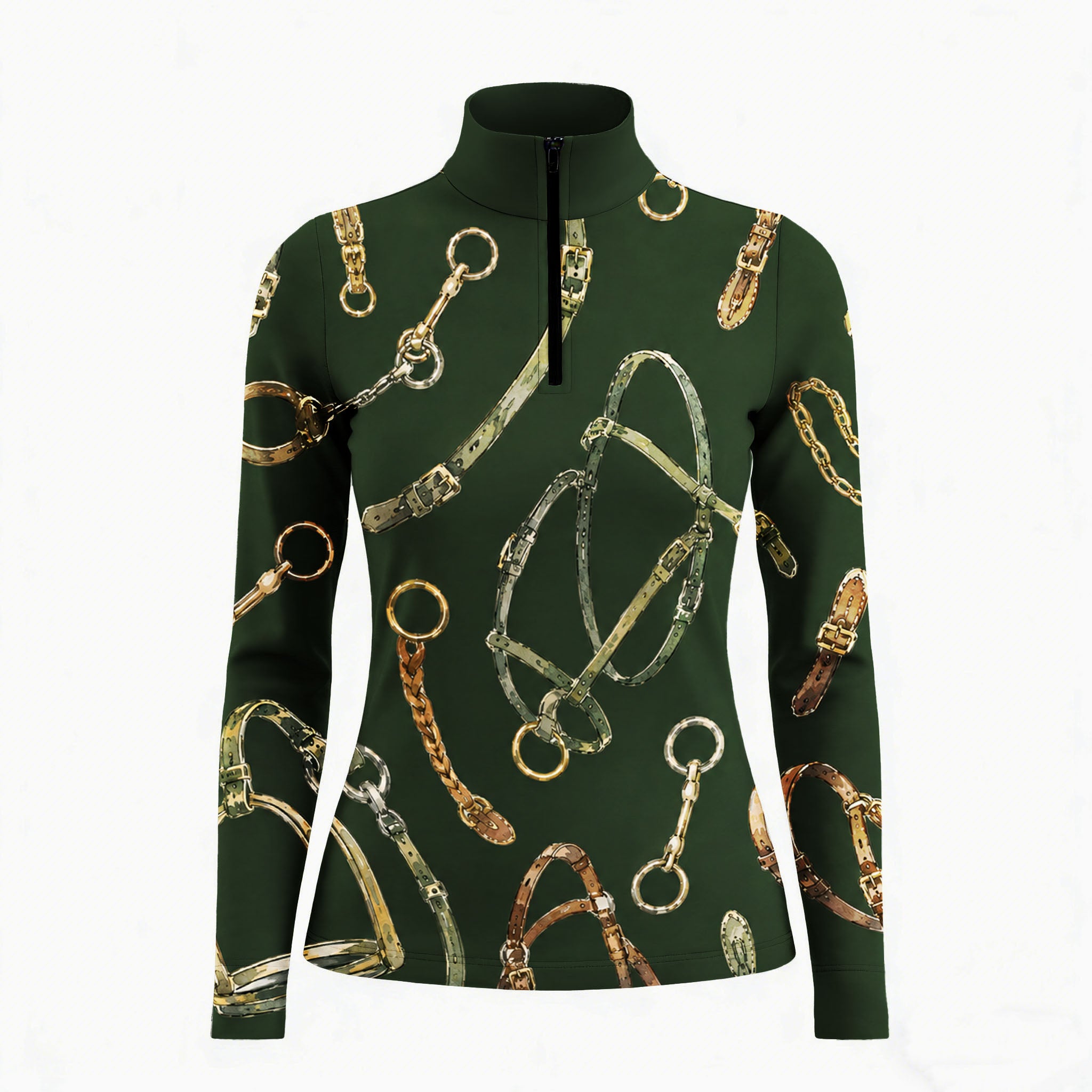 Studio white‑background product mockup of women’s forest‑green long‑sleeve quarter‑zip riding top with full watercolor horse‑tack hardware all‑over print