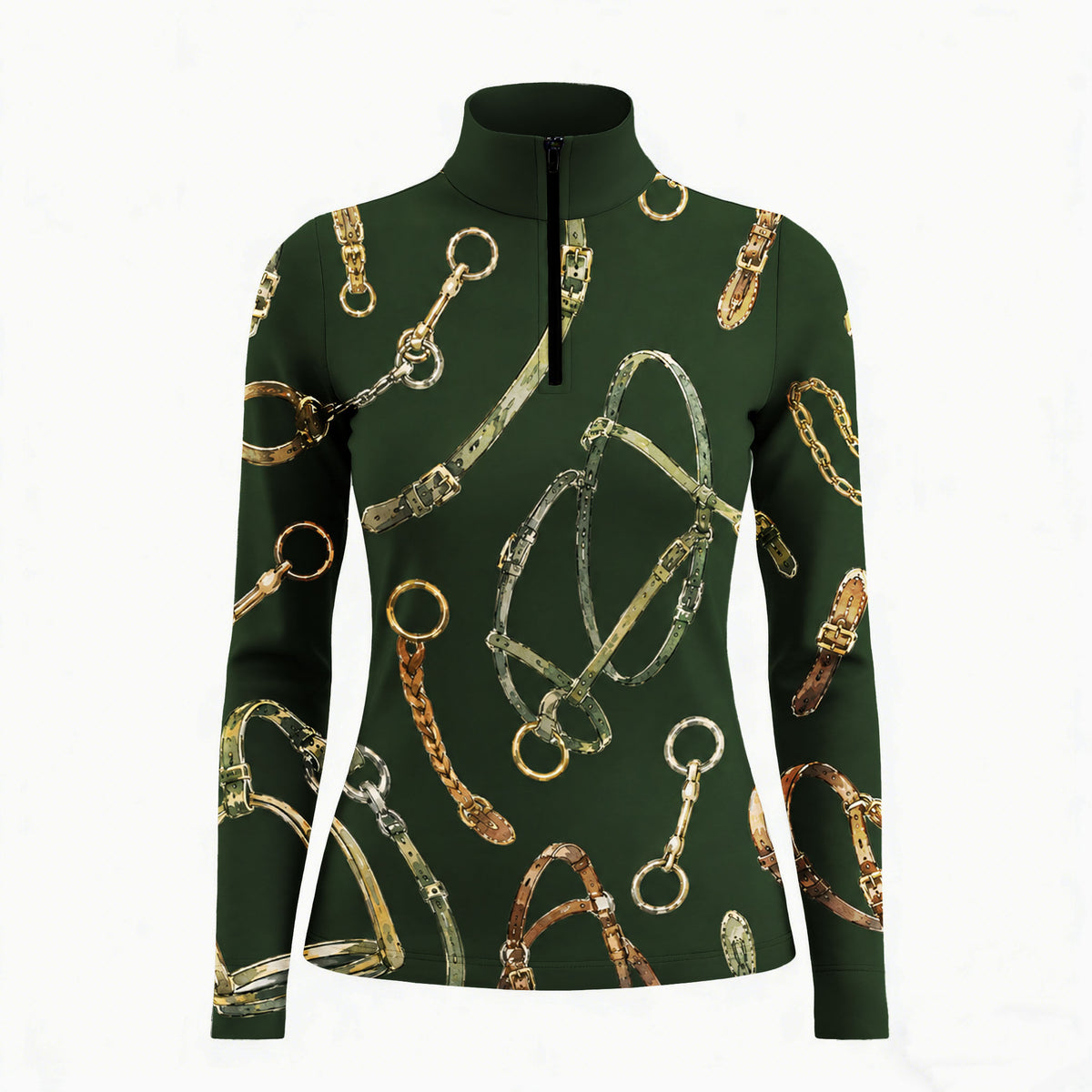 Studio white‑background product mockup of women’s forest‑green long‑sleeve quarter‑zip riding top with full watercolor horse‑tack hardware all‑over print