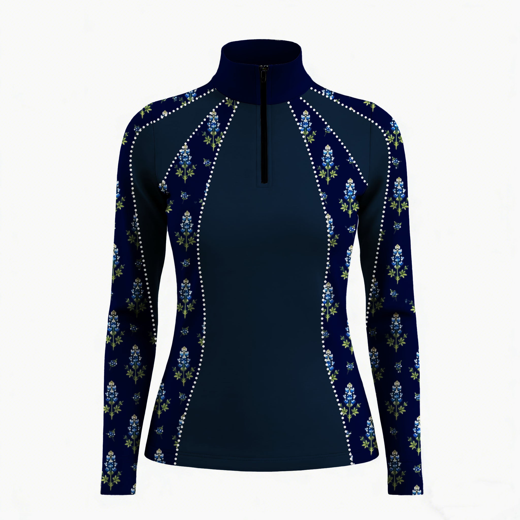 Close‑up stable interior shot of women’s navy long‑sleeve quarter‑zip riding top with bluebonnet floral print and rhinestone‑dot panel trim focusing on collar and shoulder details