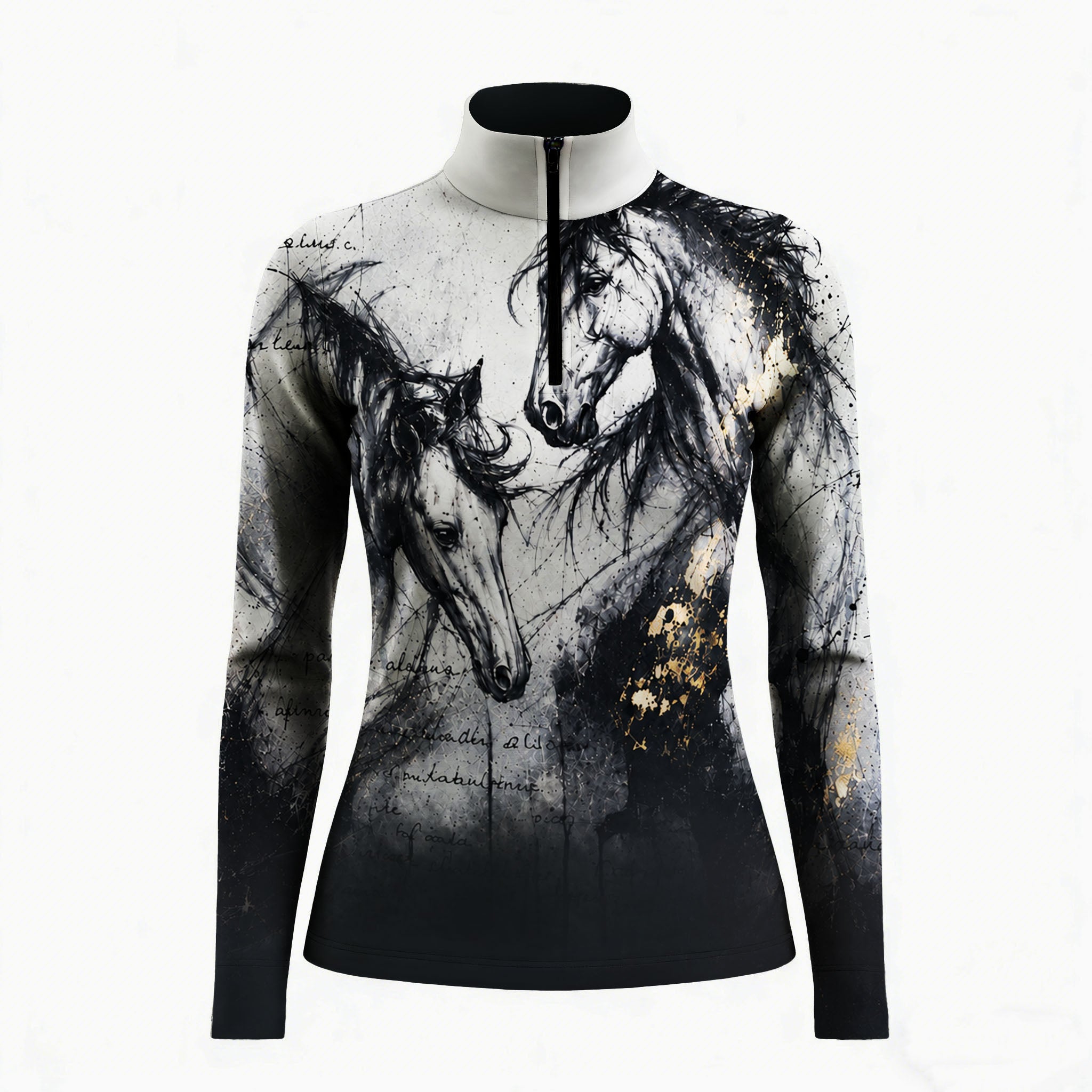 Studio white‑background product mockup of women’s white collar dual‑horse portrait long‑sleeve quarter‑zip riding top