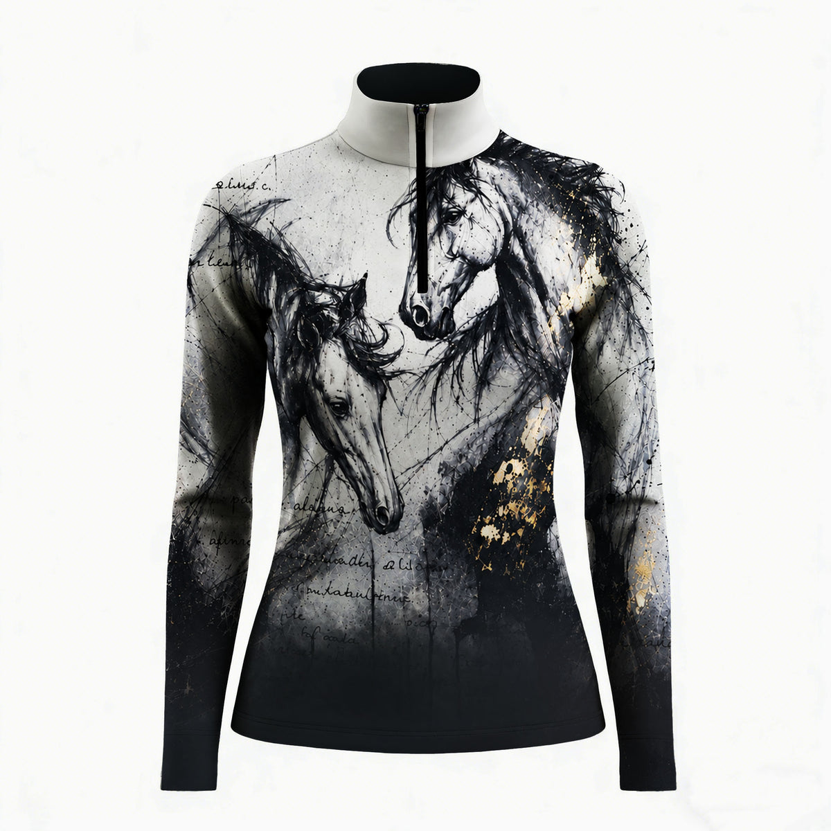 Studio white‑background product mockup of women’s white collar dual‑horse portrait long‑sleeve quarter‑zip riding top