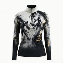 Studio white‑background product mockup of women’s white collar dual‑horse portrait long‑sleeve quarter‑zip riding top