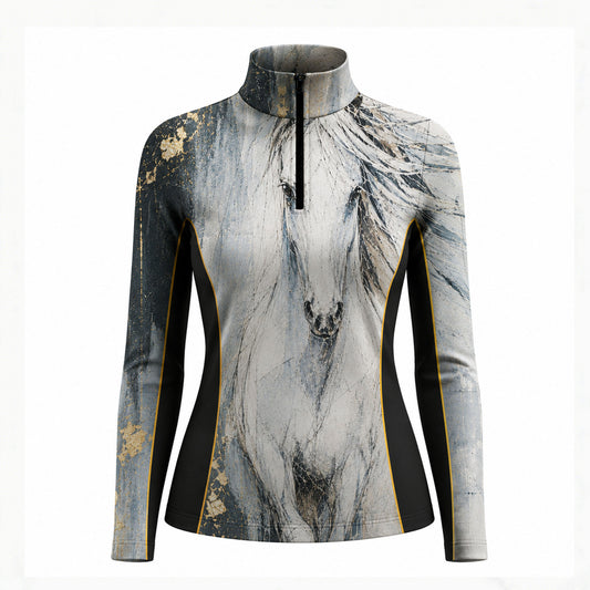 Studio white‑background product mockup of women’s black side‑panel gold‑foil horse portrait long‑sleeve quarter‑zip riding top
