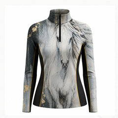 Studio white‑background product mockup of women’s black side‑panel gold‑foil horse portrait long‑sleeve quarter‑zip riding top