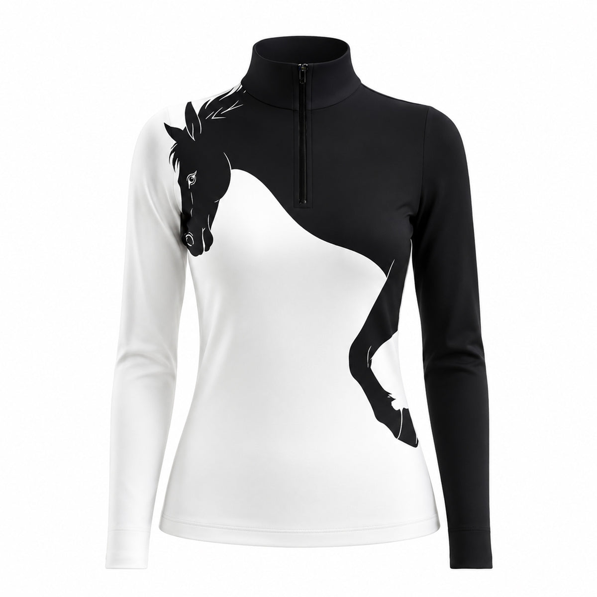 Studio white‑background product mockup of women’s black‑white color‑block long‑sleeve quarter‑zip riding top with integrated galloping horse silhouette graphic