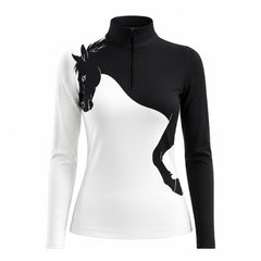 Studio white‑background product mockup of women’s black‑white color‑block long‑sleeve quarter‑zip riding top with integrated galloping horse silhouette graphic