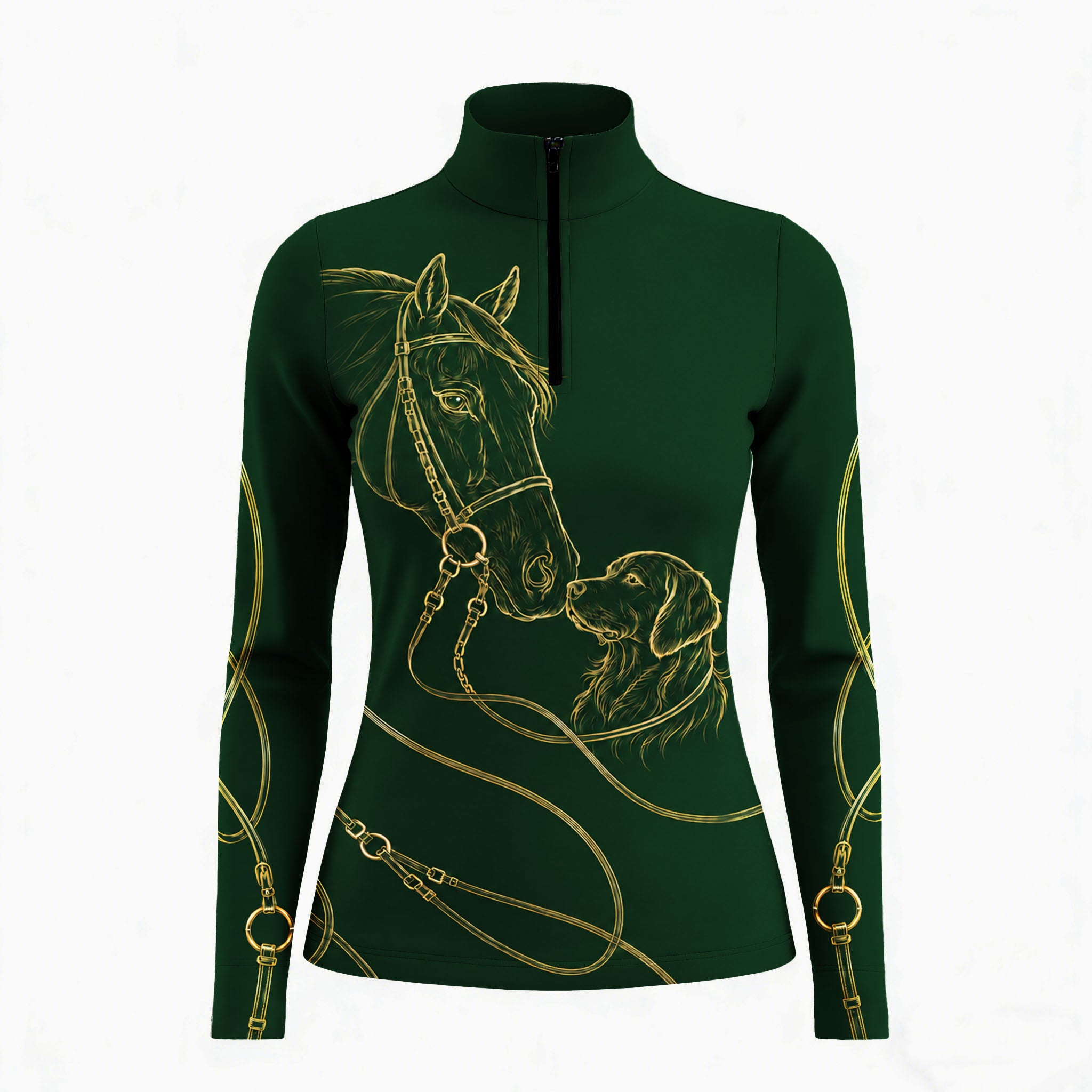 Studio white‑background product mockup of forest‑green long‑sleeve quarter‑zip riding top with gold line‑art horse and retriever dog graphic