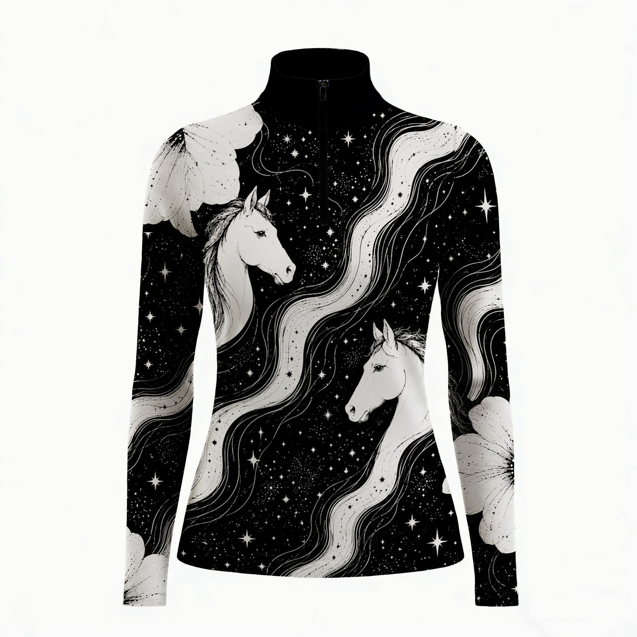 Clean studio white‑background product mockup of women’s black‑base celestial starry galaxy white horse & floral all‑over print long‑sleeve quarter‑zip riding top