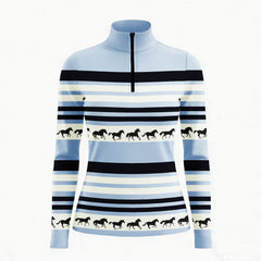 Multi‑Color Stripe Galloping Horse Silhouette Print Long‑Sleeve Quarter‑Zip Riding Top