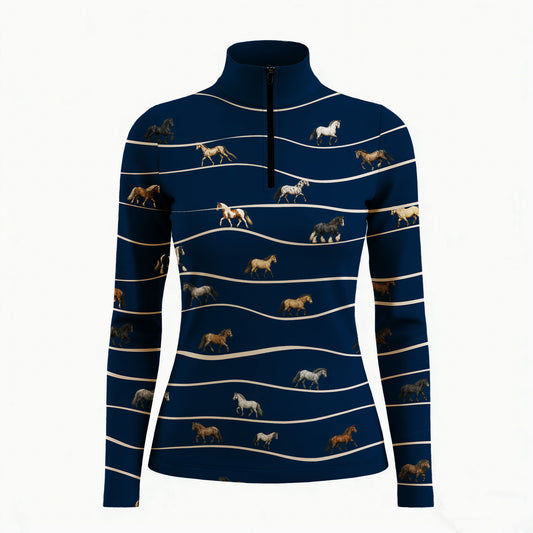 Studio white‑background product mockup of women’s navy long‑sleeve quarter‑zip riding top with wavy cream stripe and vintage multi‑breed horse all‑over print