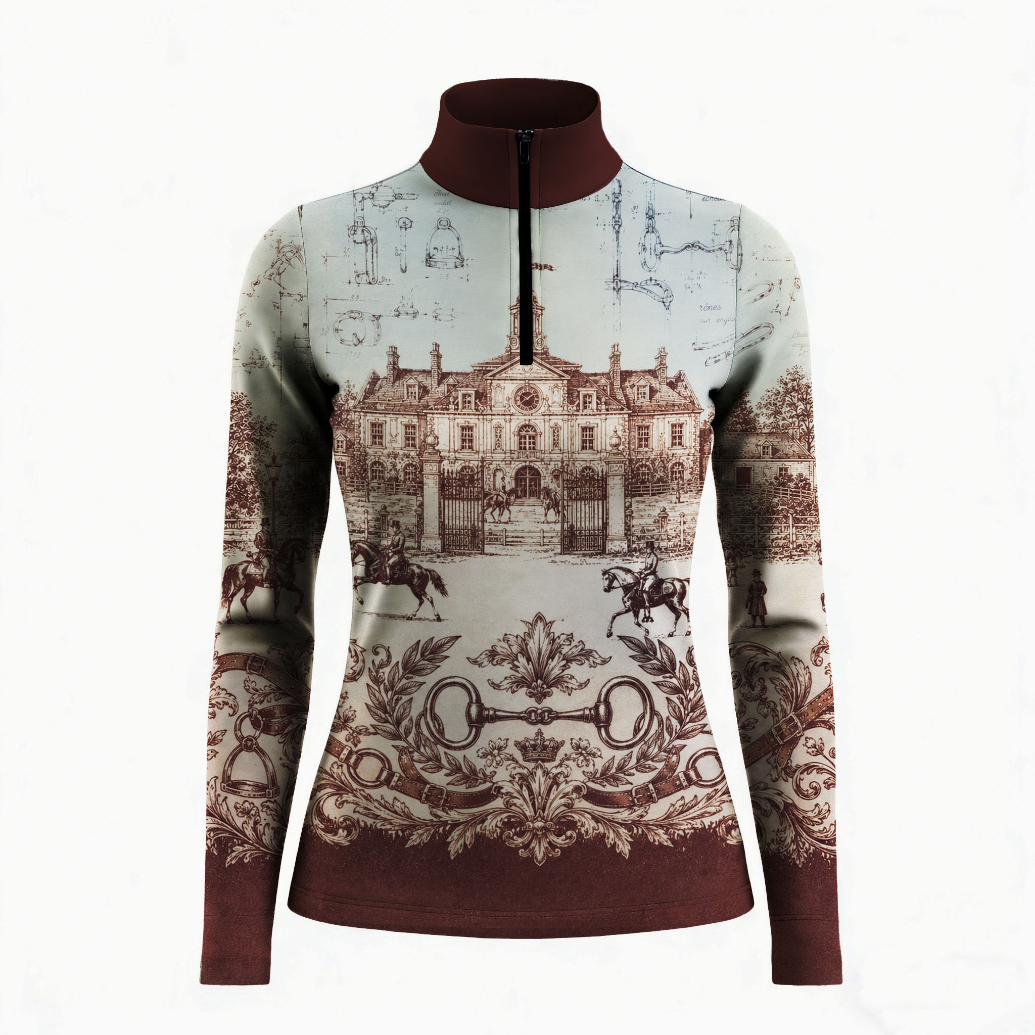 Studio white‑background product mockup of women’s burgundy‑trim vintage French chateau equestrian blueprint‑art all‑over‑print long‑sleeve quarter‑zip riding top