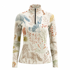 Studio white‑background product mockup of women’s cream base vintage block‑print horse & farm dog botanical floral all‑over print long‑sleeve quarter‑zip riding top
