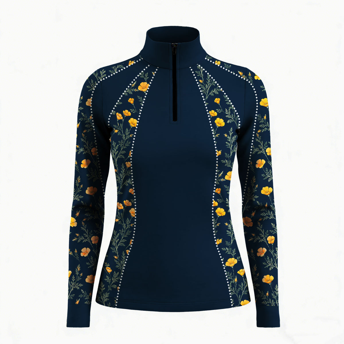 Studio white‑background product mockup of women’s navy golden poppy floral rhinestone‑detail long‑sleeve quarter‑zip riding top